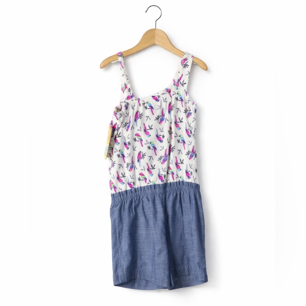 Cherokee Bird Print Romper Girls 5T Chambray Blue Summer NWT Cute Outfit